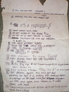 This is a photo of the sheet of paper we used as a travel log during the road trip. Some things are pretty funny to read again. It does help us remember what happened, as the trip is pretty foggy to all those involved. Especially the week we spent in  Vegas but only remember the one night :) There was a map along with this sheet that had the corresponding numbers located  where they happened but that has since been lost :(