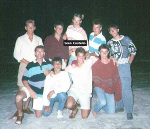 This is a shot from Spring Break 1988. From top left to right: Scooter, Me, Sean, Mark, Jason, Jeff, Chris, Gary and Skippy at far bottom left.